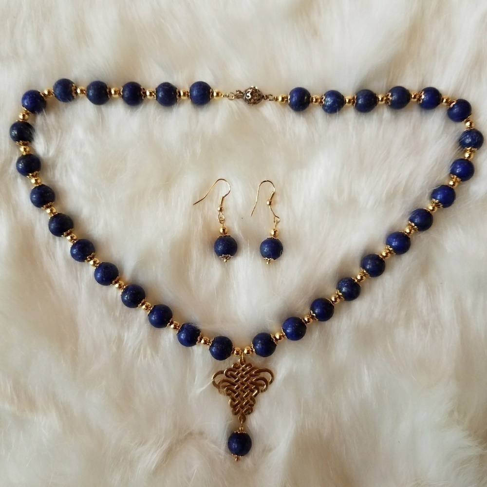LAPIS & Golden Beaded Necklace & Earrings - Picture 3 of 7
